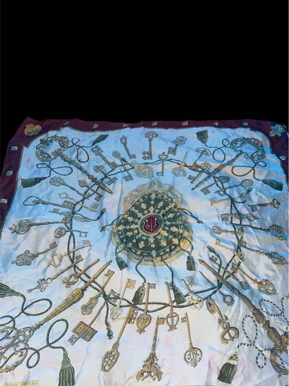 NWOT Hermes Paris Maroon & Gold Key-Print Silk Bag Scarf